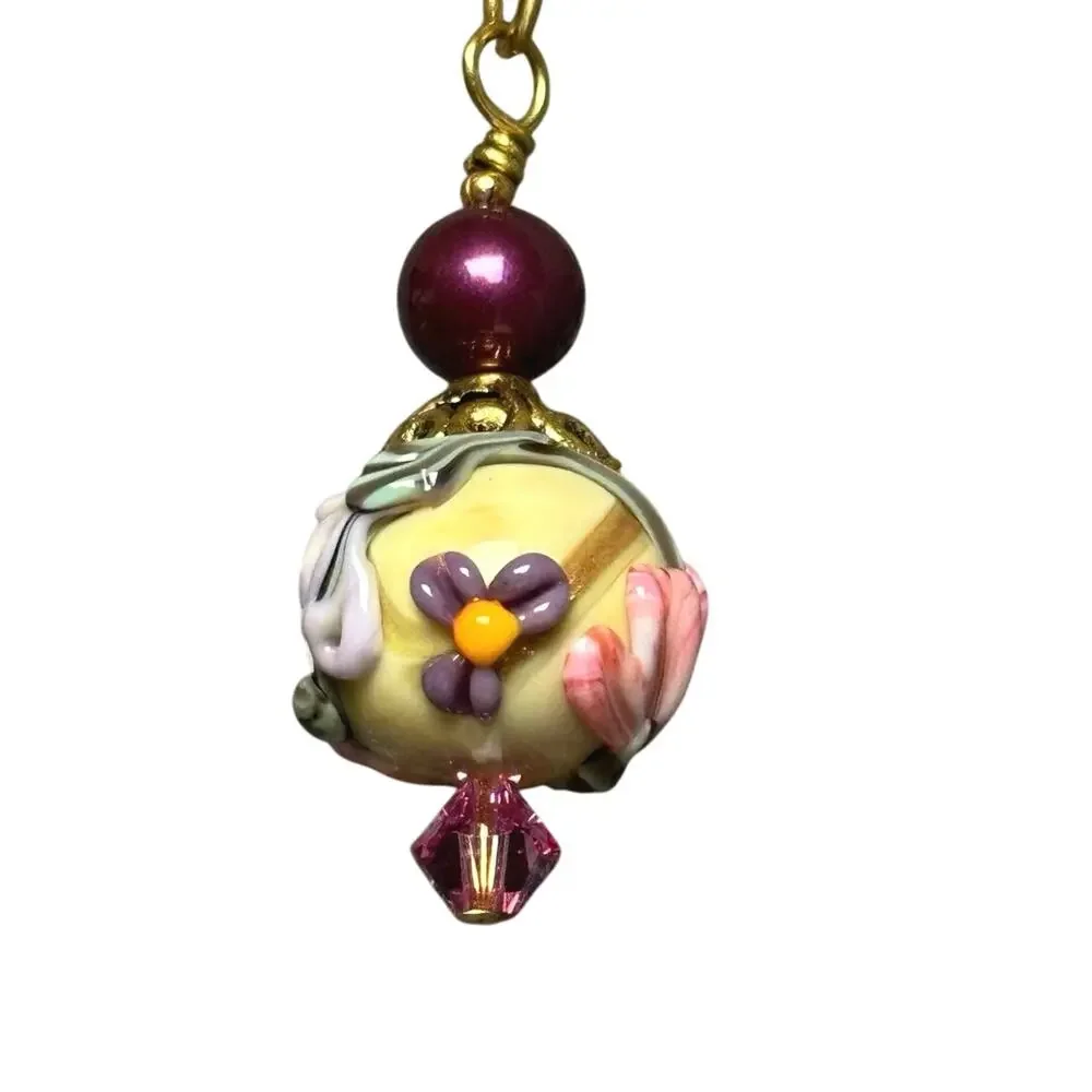 Vintage art glass necklace lamp work hand blown wedding cake bead 19” floral